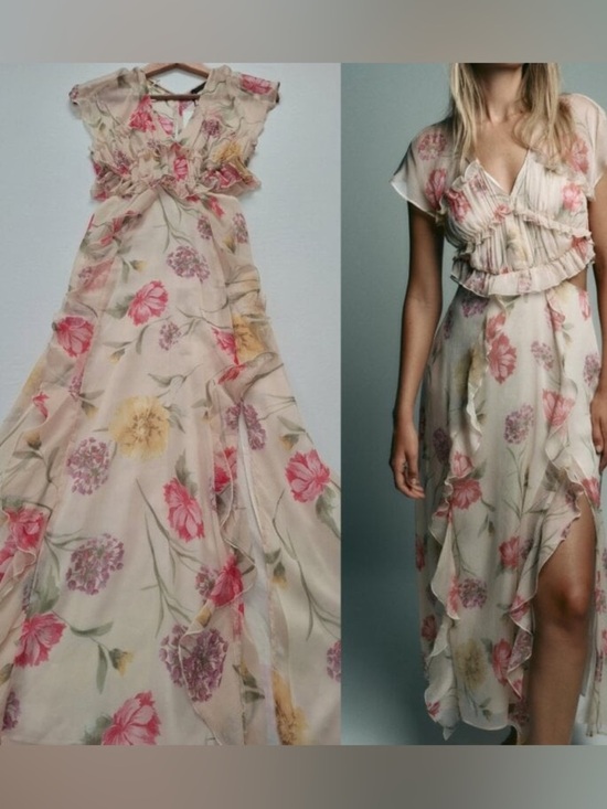 Zara Dresses & Skirts - Zara Floral Ruffle Flowy Wedding Guest Fairycore Dress Sheer Chiffon Cream NWT S